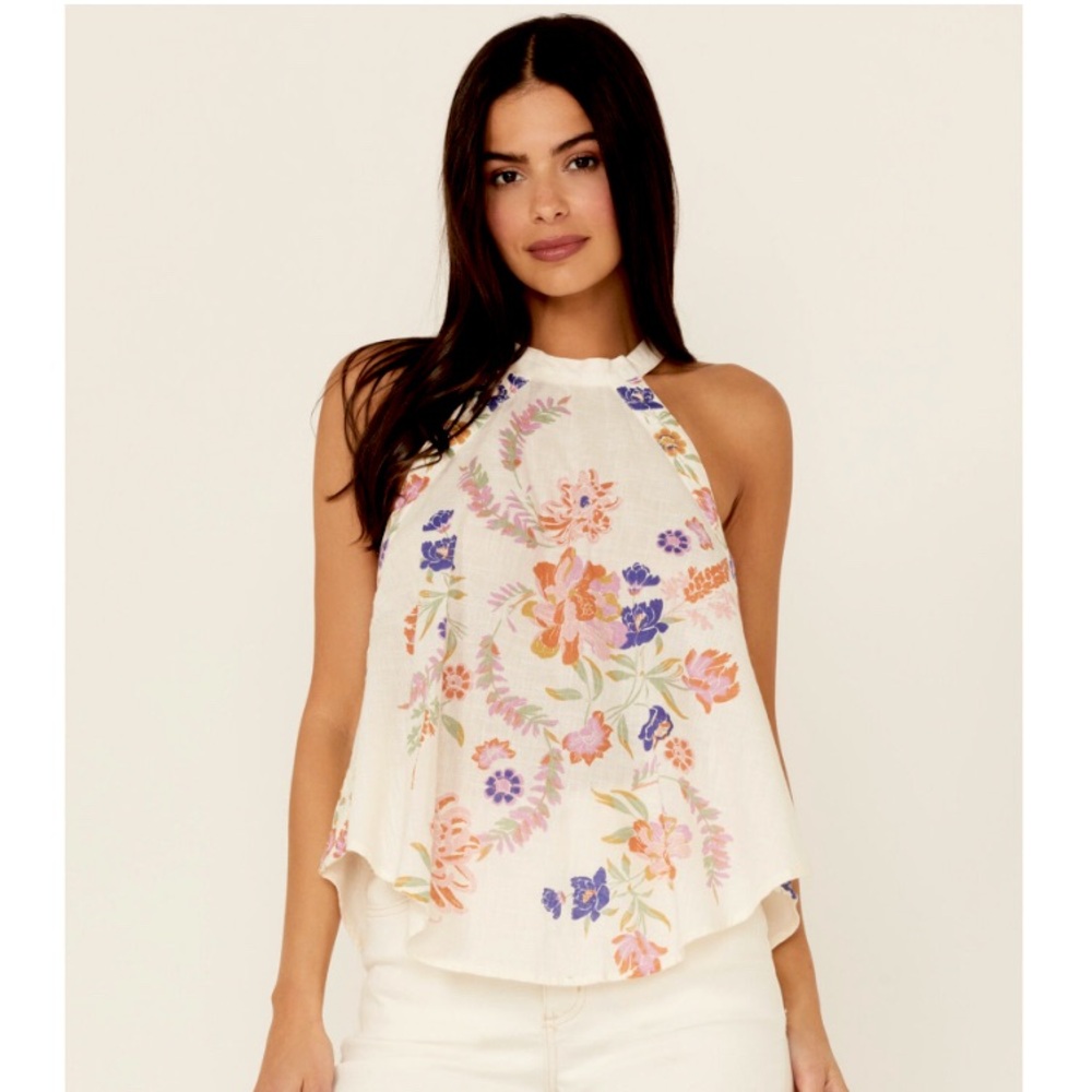 NWT $78 Free People Emily Printed Tank Multi Floral Halter Top Tunic Blouse XS